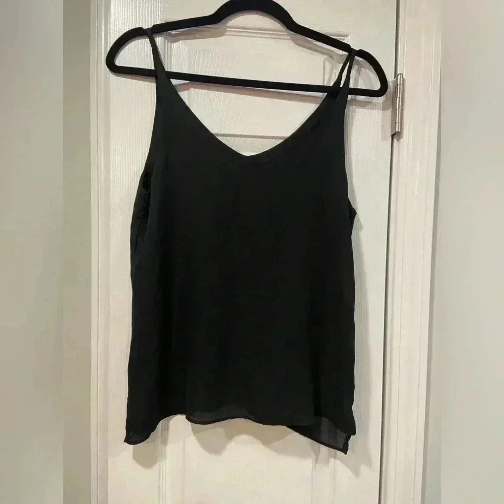 Shinestar Plain Black Sheer Cami Flowy Spaghetti Straps V Neck Size S